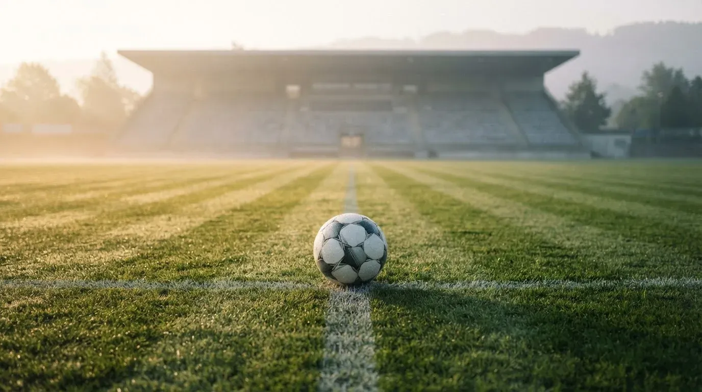 Ein einzelner Fussball liegt auf dem Anstosspunkt eines leeren Rasenplatzes am frühen Morgen, Tau glitzert auf dem Gras, die Tribüne liegt im Dunst.
