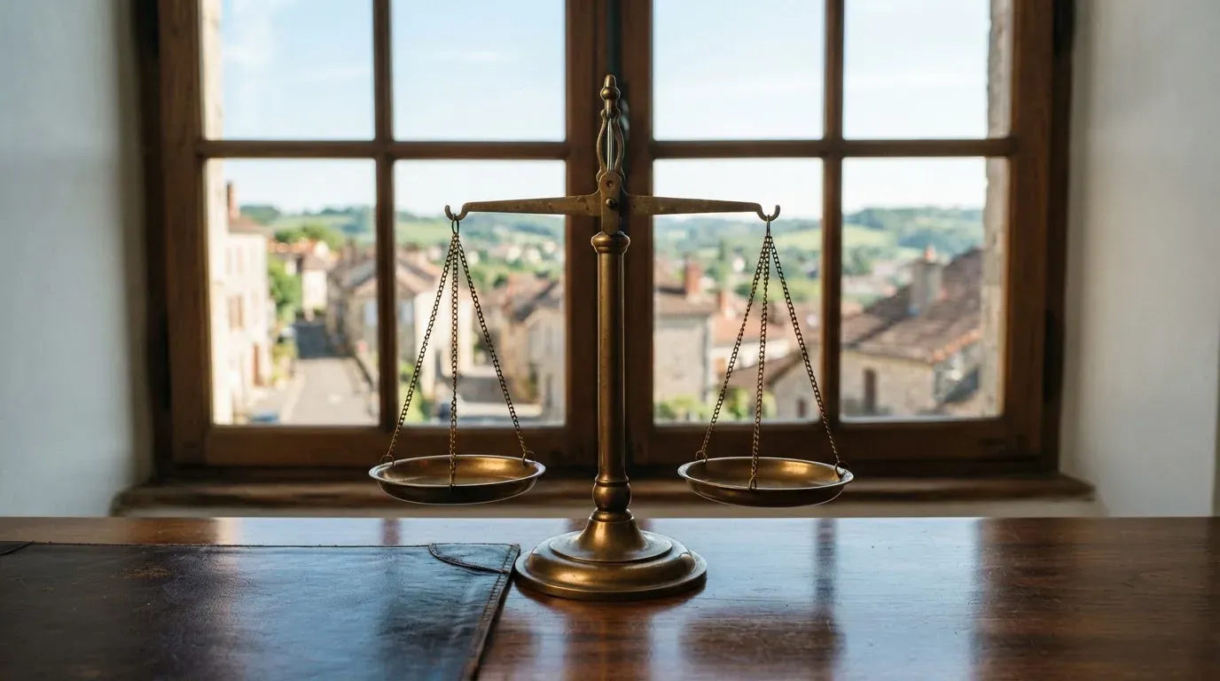 Eine Waage aus Messing steht auf einem polierten Schreibtisch vor einem Fenster mit Blick auf Dächer und sanfte Hügel.