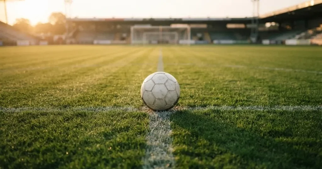 Ein Fussball liegt auf dem Mittelkreis eines Rasenfelds, die weissen Linien kreuzen sich auf dem gepflegten Gras im warmen Abendlicht.
