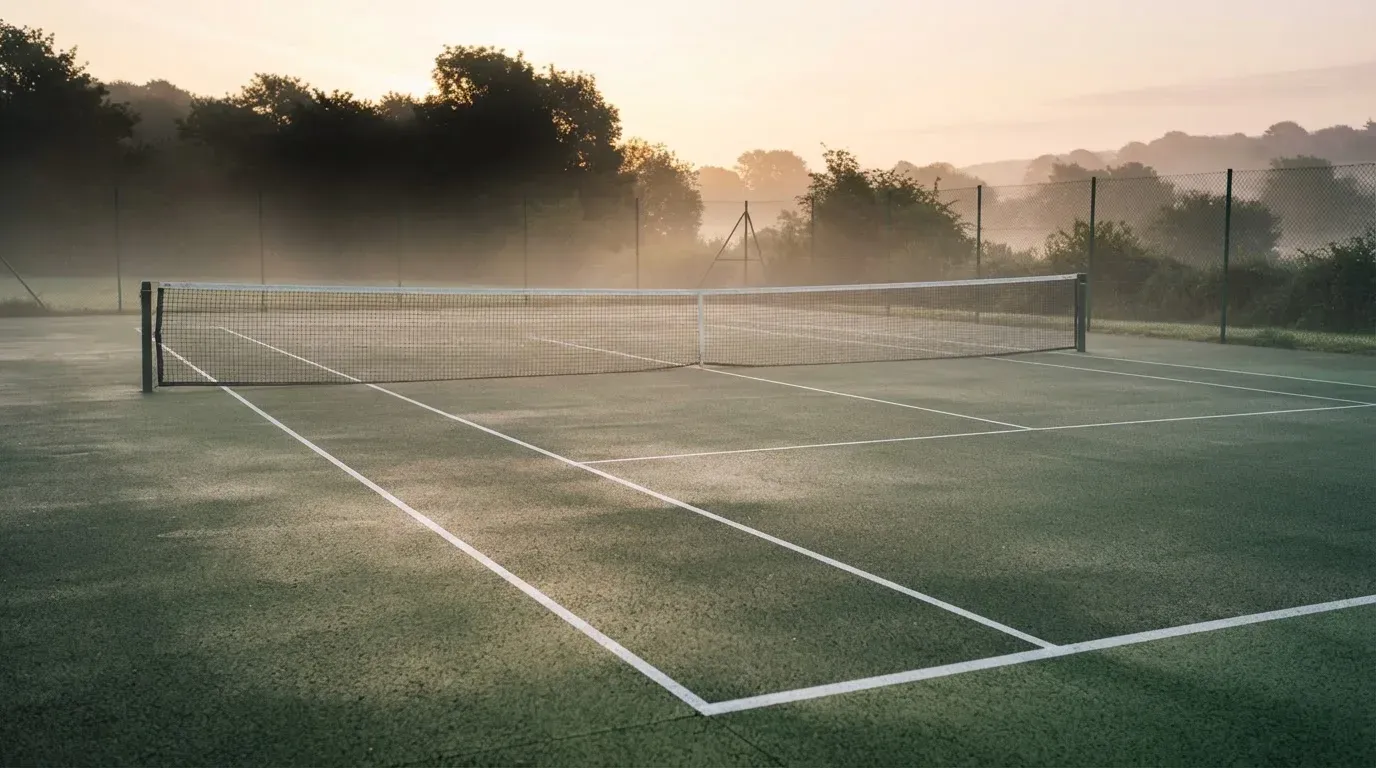 Ein Tennisplatz bei Sonnenaufgang, die Linien frisch gezogen, das Netz in der Mitte und Nebel über dem Boden.