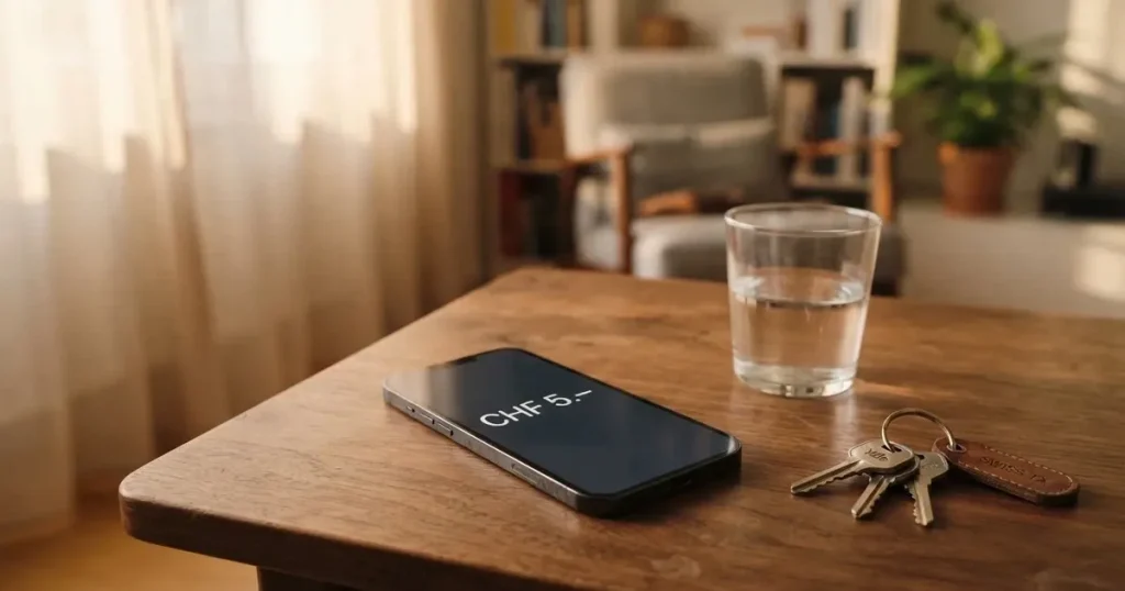 Ein Smartphone mit schwarzem Display liegt auf einem Holztisch neben einem Glas Wasser und einem Schlüsselbund.