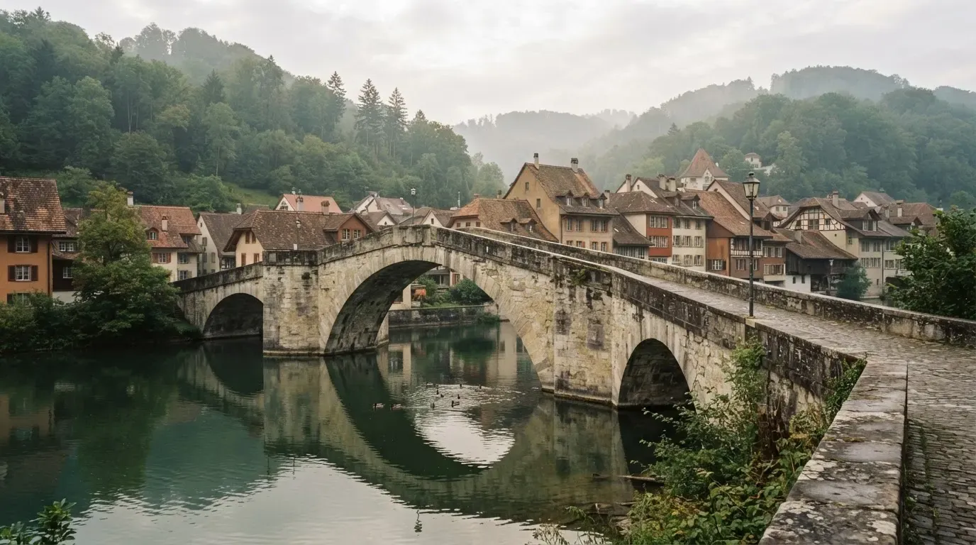 Eine alte Steinbrücke über einen ruhigen Fluss, dahinter Häuser mit Ziegeldächern und bewaldete Hügel.