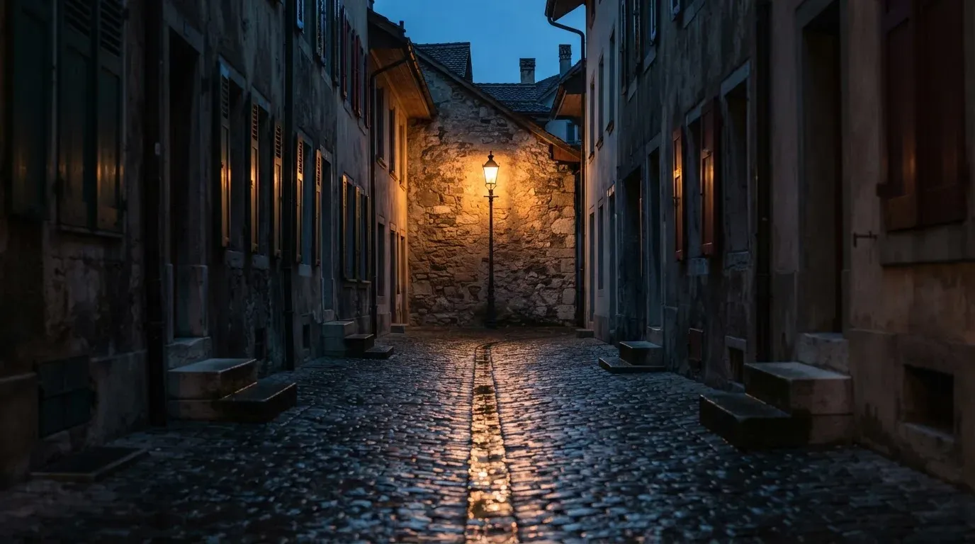Eine Strassenlaterne in einer leeren Gasse am Abend, das nasse Kopfsteinpflaster spiegelt das warme Licht.
