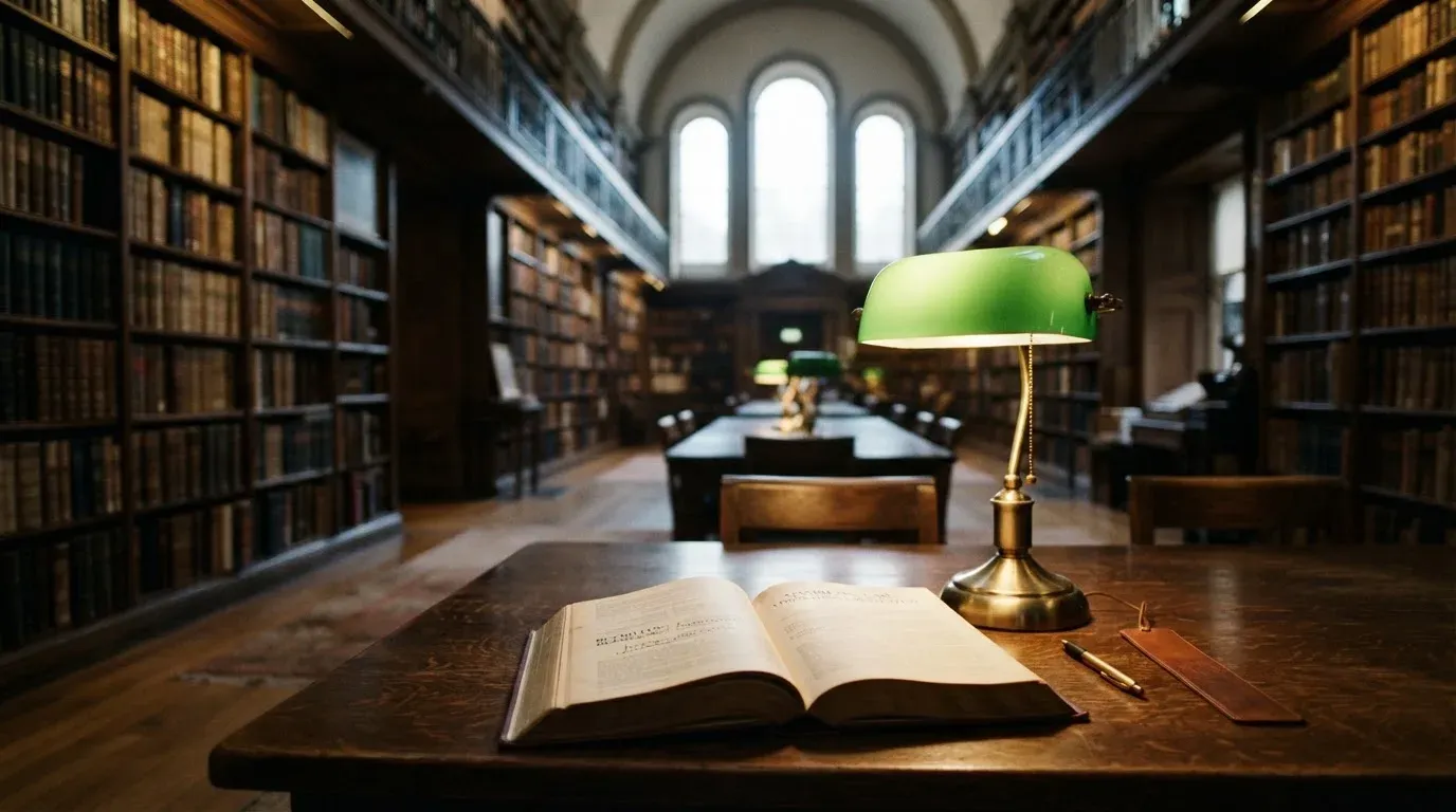 Eine Bibliothek mit hohen Holzregalen voller Bücher, im Vordergrund ein Lesetisch mit grüner Lampe.