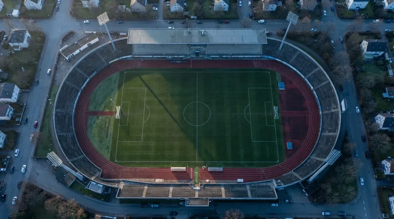 Ein Fussballplatz von oben gesehen, die Linien bilden ein helles Muster auf dem Rasen, Drohnenperspektive in der Morgendämmerung.