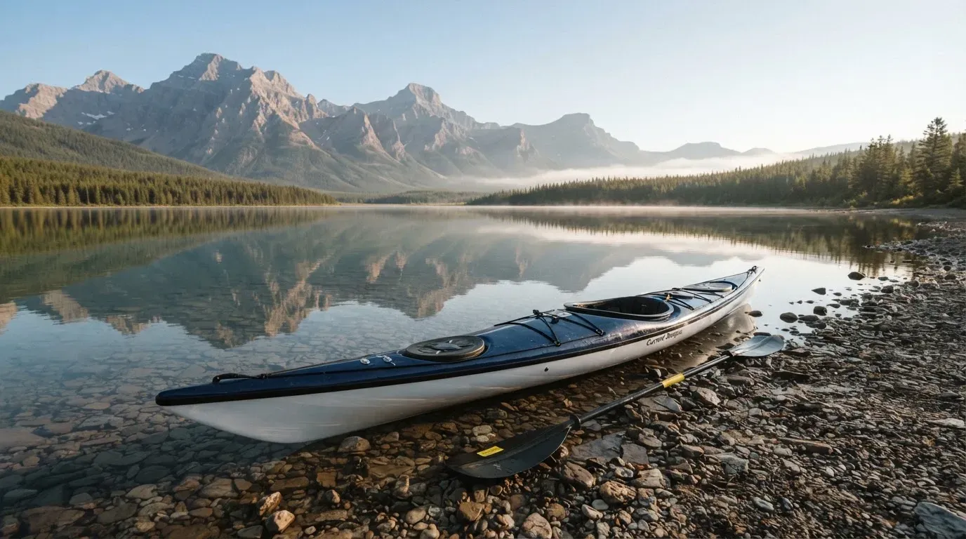 Ein Kajak liegt am Ufer eines Bergsees, daneben ein Paddel, das Wasser ist glatt und der Himmel klar.