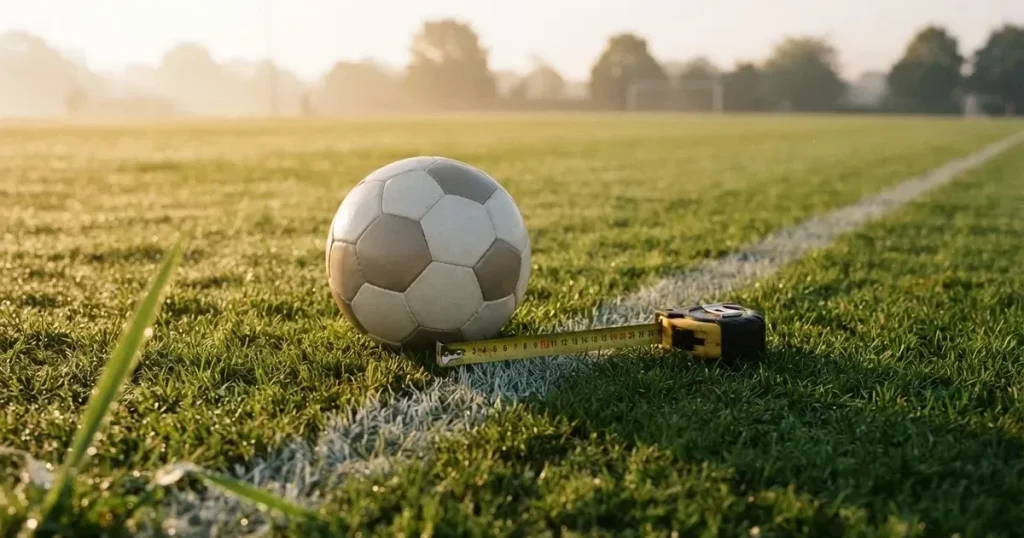 Ein Fussball und ein Massband liegen auf kurz geschnittenem Rasen neben einer Kreidelinie, Morgenlicht von der Seite.