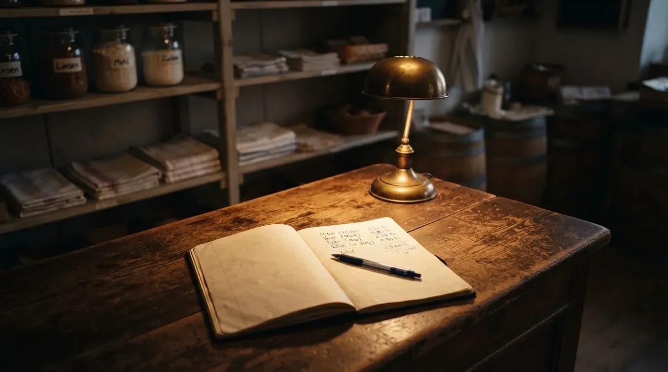 Ein alter Holztresen mit einem Notizbuch und einem Taschenrechner in warmem Lampenlicht, Regale im Hintergrund.