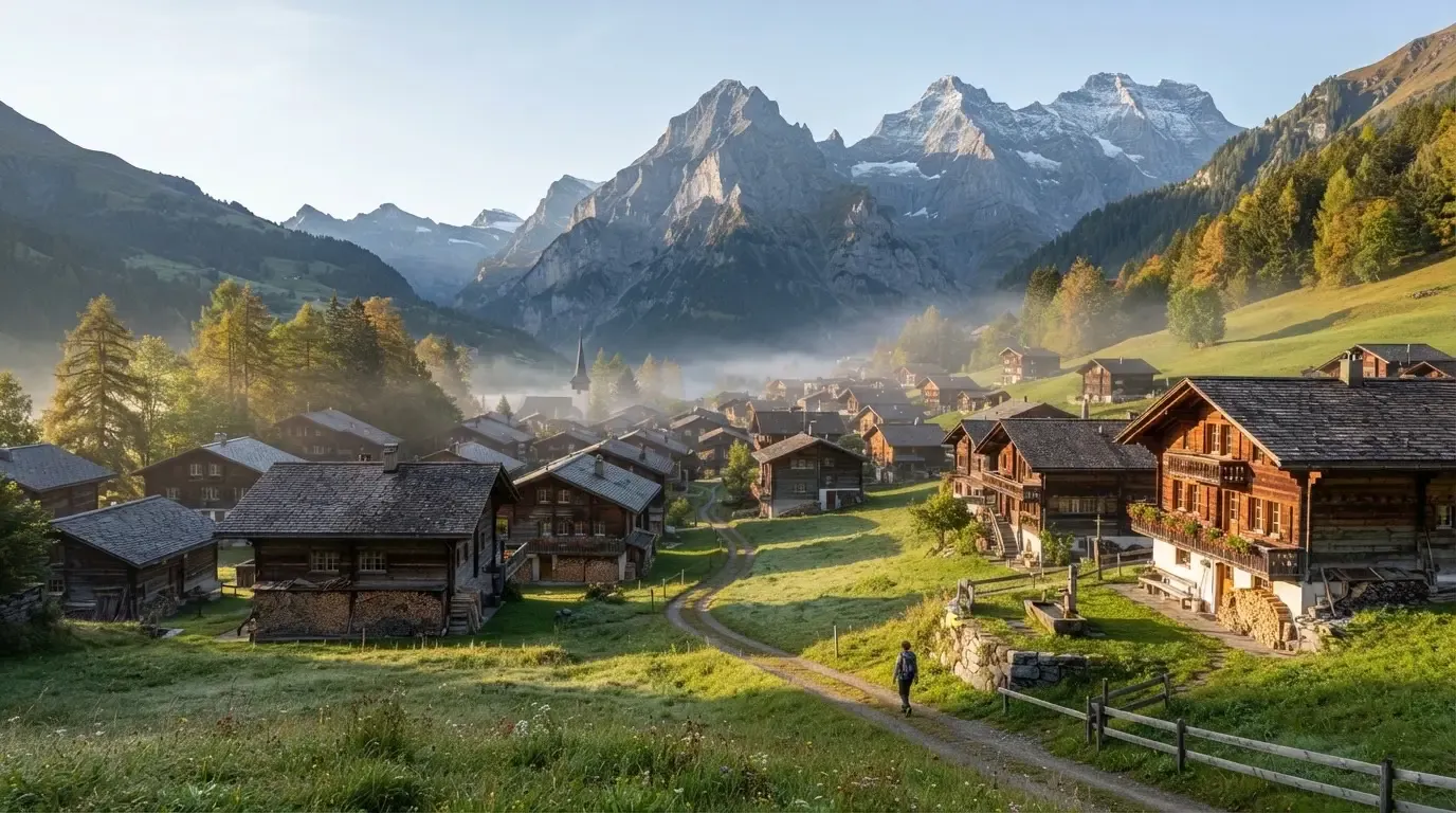 Ein Bergdorf mit Holzhäusern im Tal an einem klaren Morgen, über den Dächern liegen Nebelschwaden und Gipfel.