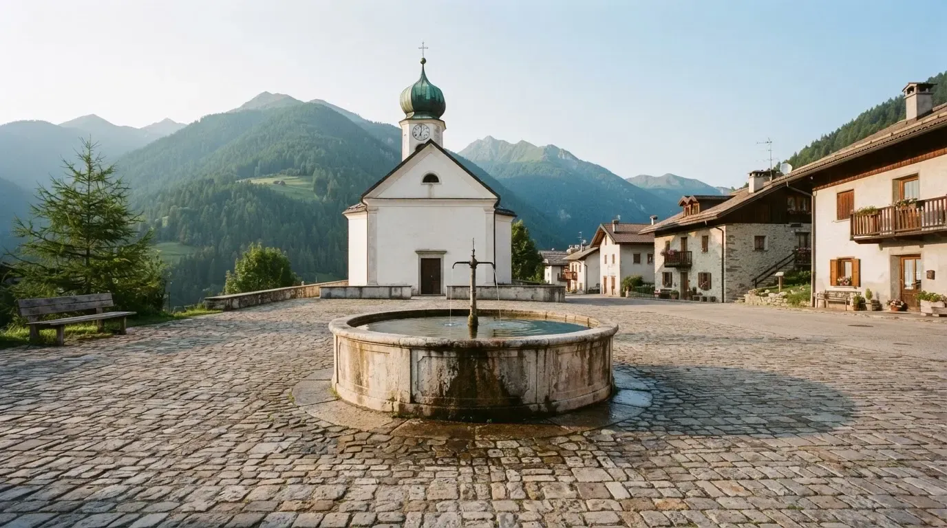 Ein Brunnen auf einem Dorfplatz mit Kopfsteinpflaster, im Hintergrund eine Kirche mit Zwiebelturm und Berge.