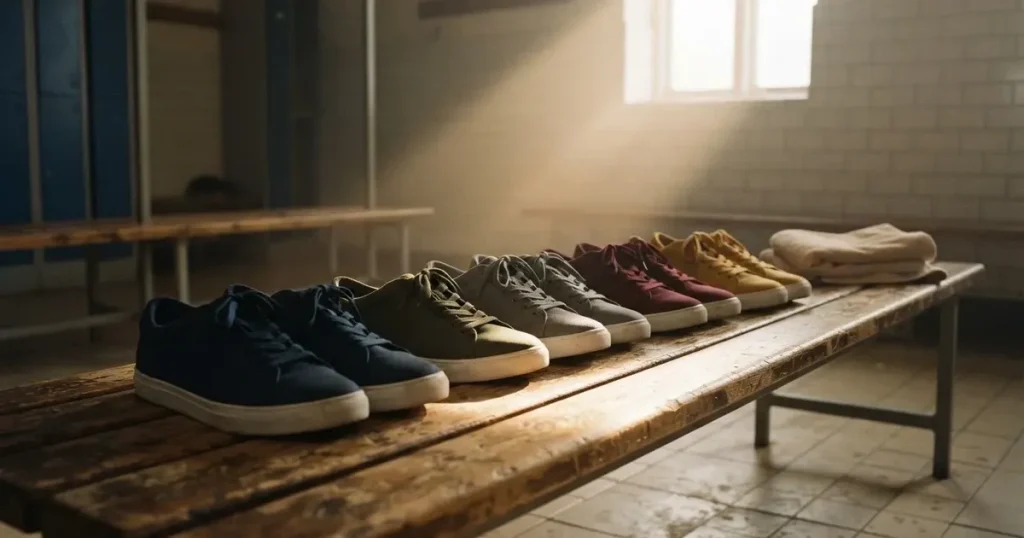 Eine Reihe Sportschuhe steht auf einer Bank in einer Umkleide, Licht fällt aus einem hohen Fenster.