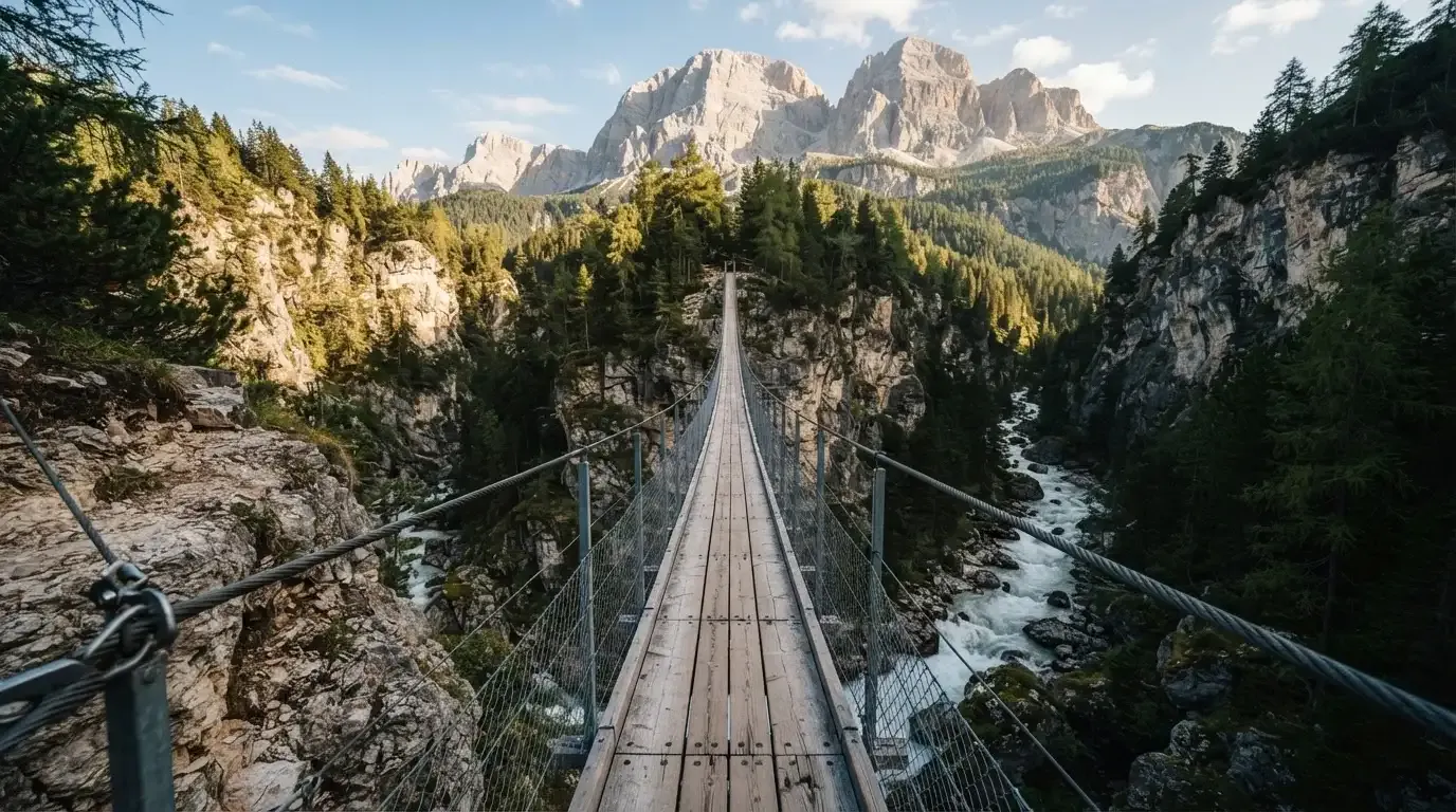 Eine Hängebrücke spannt sich über eine tiefe Schlucht, unten rauscht ein Fluss zwischen bewaldeten Felswänden.