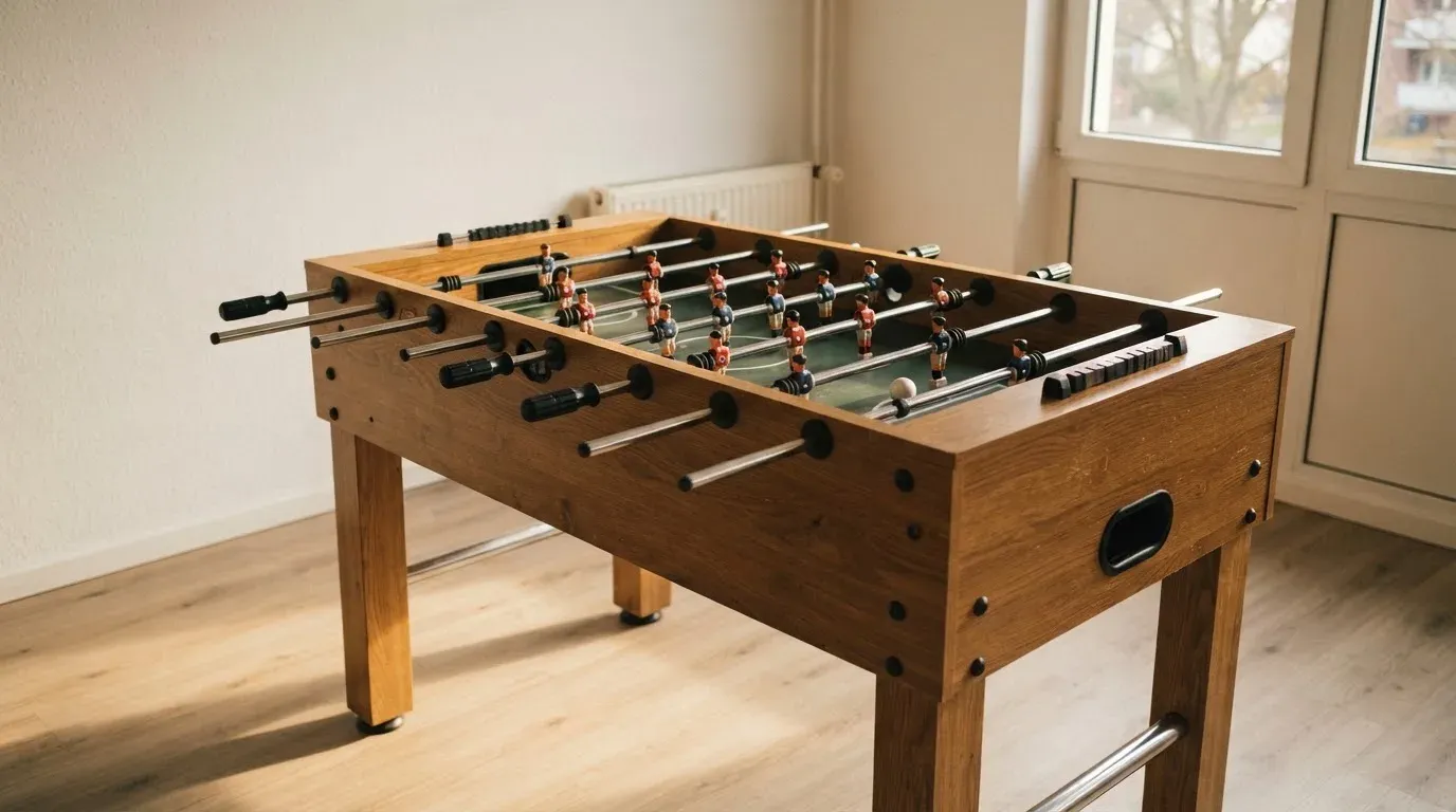 Ein Tischfussballtisch steht in einem leeren Aufenthaltsraum, Nachmittagslicht fällt durch ein Fenster.