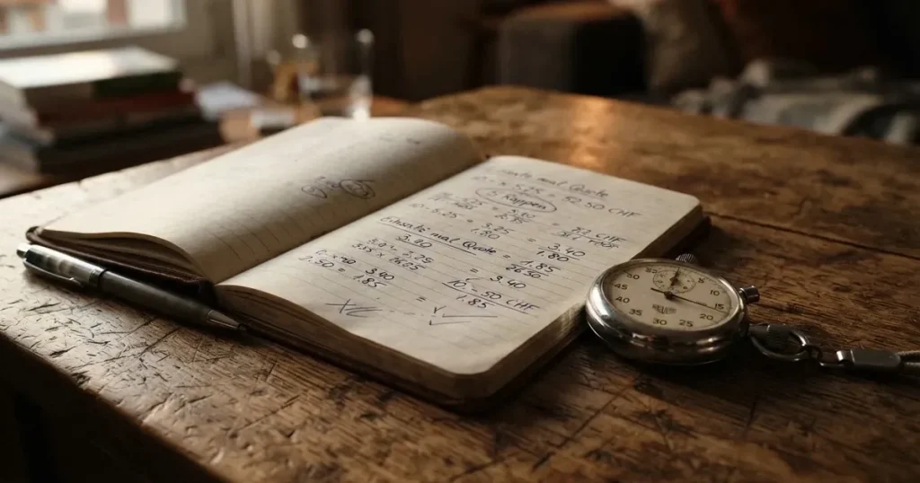 Ein aufgeschlagenes Notizbuch mit handschriftlichen Notizen und Skizzen liegt neben einer Stoppuhr auf einem Holztisch.