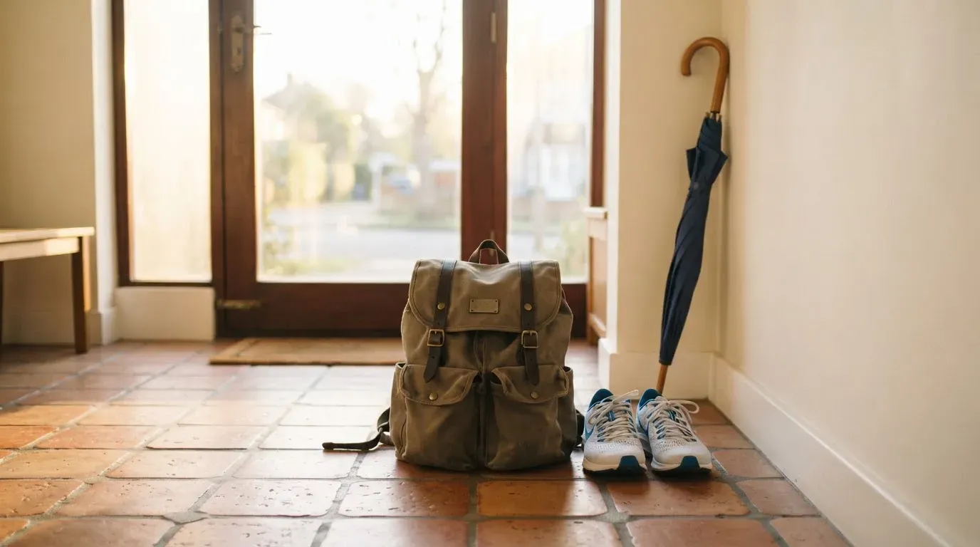 Ein Rucksack und Turnschuhe stehen an einer Haustür, daneben ein Regenschirm, durch das Glas fällt Morgenlicht.