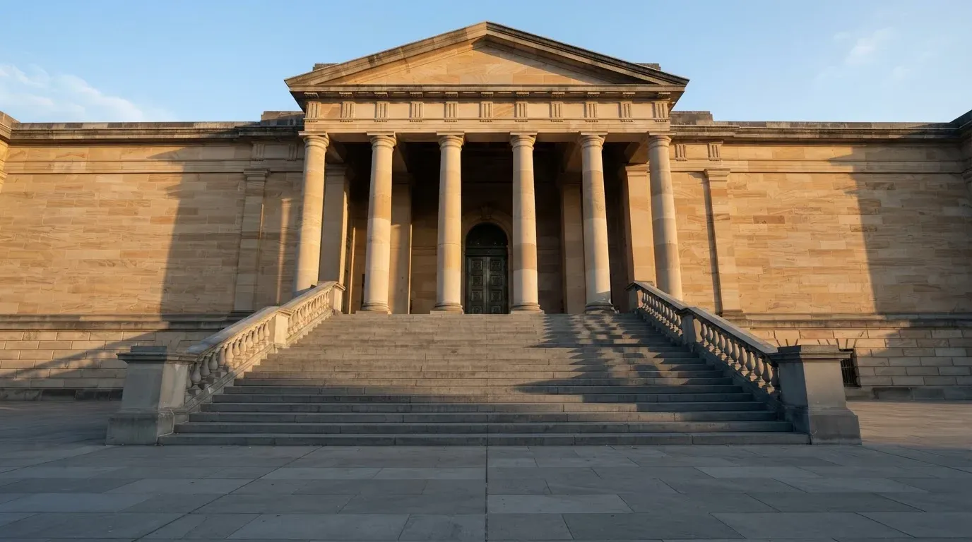 Eine breite Steintreppe führt zu einem Gebäude mit Säulen, die Morgensonne scheint, niemand ist zu sehen.