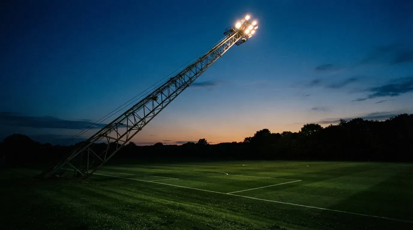 Ein Flutlichtmast ragt in den Abendhimmel, die Rasenfläche darunter liegt leer und dunkelgrün da.