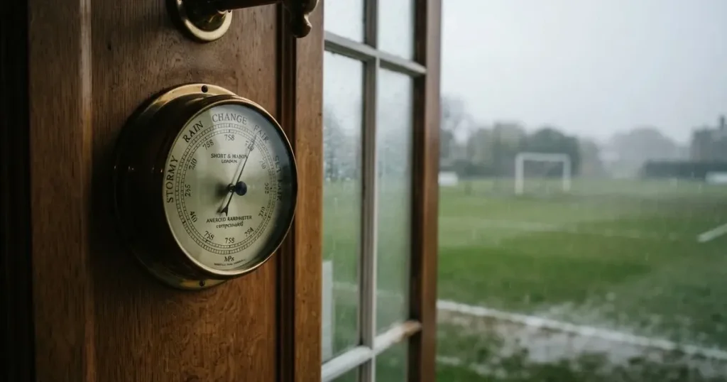 Ein Wetterbarometer hängt an einer Holzwand neben einem Fenster, draussen liegt ein nasser Fussballplatz im Regen.