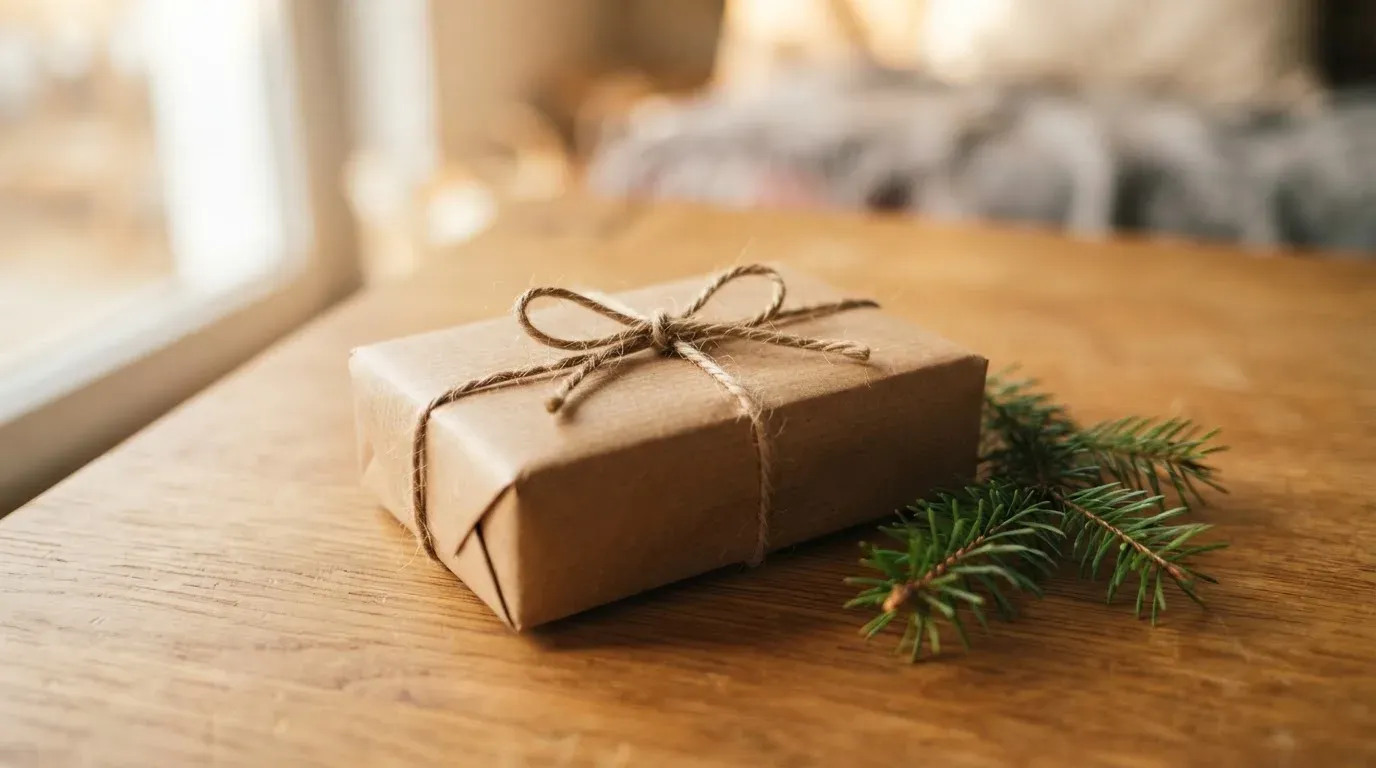 Ein kleines Päckchen in Packpapier mit Schnur liegt auf einem Holztisch, daneben ein Tannenzweig.