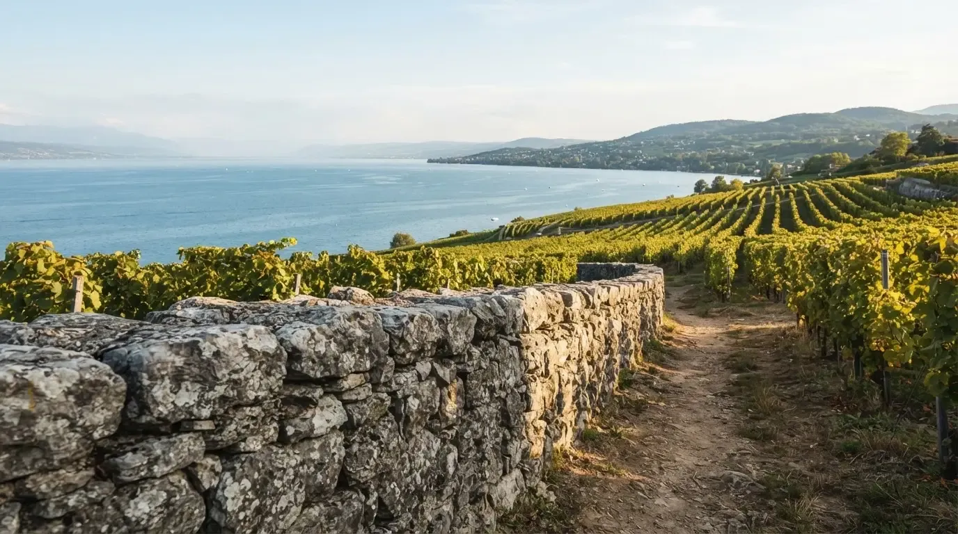 Eine Mauer aus Natursteinen am Wegrand, dahinter Weinberge, die zu einem See hinabführen.