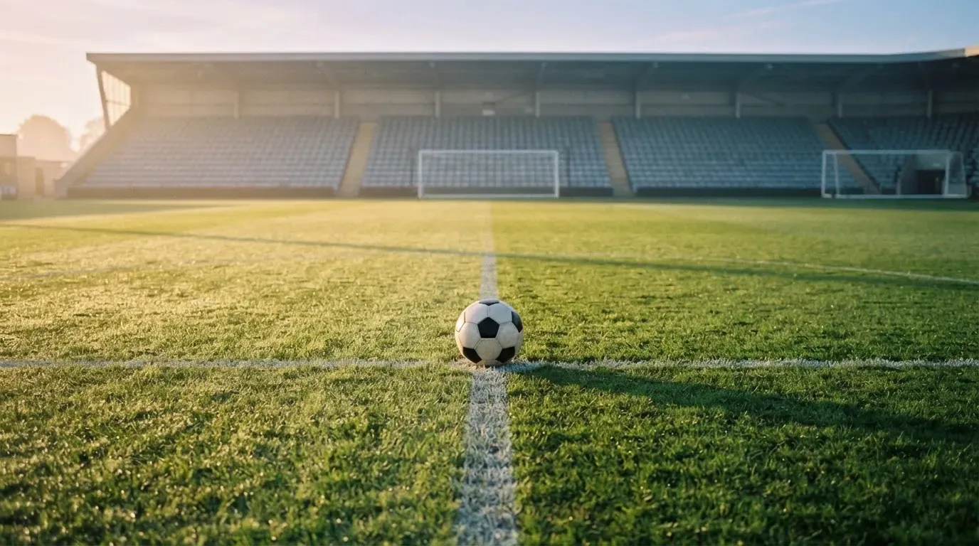 Ein Fussball liegt auf dem Anstosspunkt eines leeren Rasenplatzes im frühen Morgenlicht, dahinter erhebt sich eine menschenleere Tribüne.