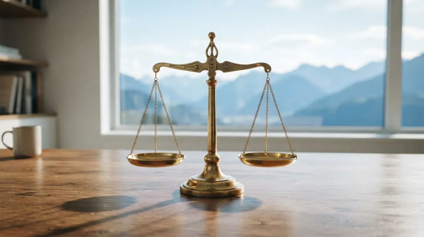 Eine Waage aus Messing steht auf einem polierten Schreibtisch in einem hellen Büro, durch das Fenster sind ferne Berge zu sehen.