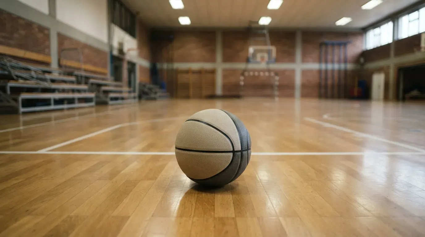 Ein Basketball liegt auf dem Parkett einer leeren Halle, von den Deckenlampen fällt gleichmässiges Licht auf den Boden.
