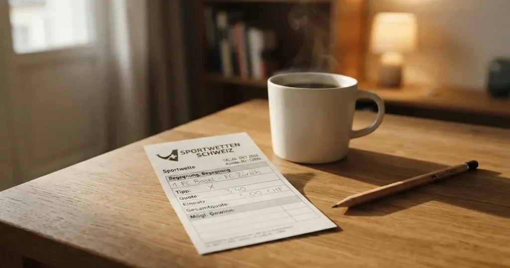 Ein leerer Wettschein aus Papier liegt auf einem Holztisch neben einem Bleistift und einem Kaffeebecher.