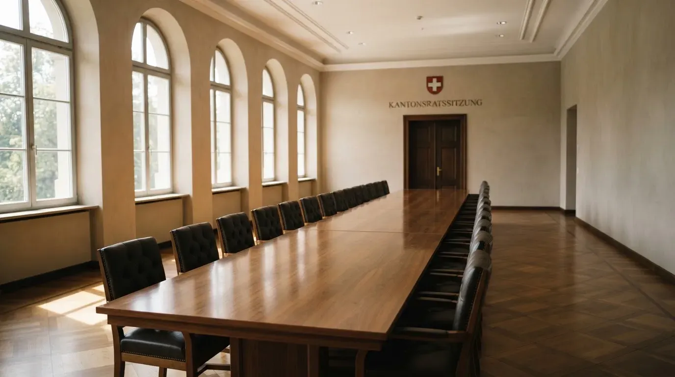Ein leerer Sitzungssaal mit langem Holztisch und Lederstühlen, durch hohe Fenster fällt Tageslicht auf den Boden.