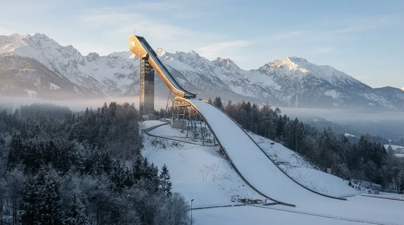 Eine Skisprungschanze erhebt sich vor verschneiten Bergen im Morgenlicht, die Hänge sind unberührt und ruhig.