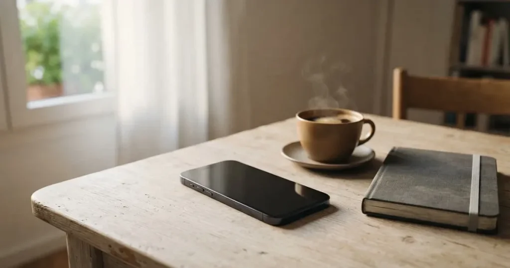 Ein Smartphone mit dunklem Display liegt neben einer Kaffeetasse auf einem hellen Tisch, daneben ein Notizblock.