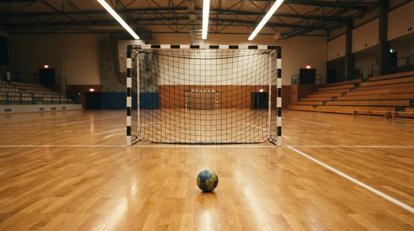 Ein Handballtor in einer leeren Sporthalle, der Ball liegt im Torraum und das Hallenlicht spiegelt sich im Parkett.