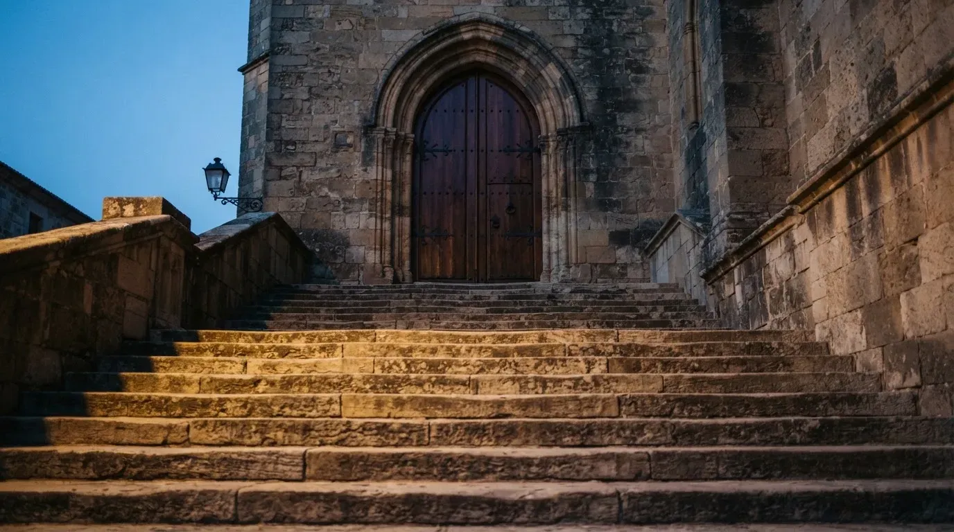 Eine breite Steintreppe führt zu einem hohen Portal aus dunklem Holz, das Licht der Dämmerung liegt auf den Stufen.