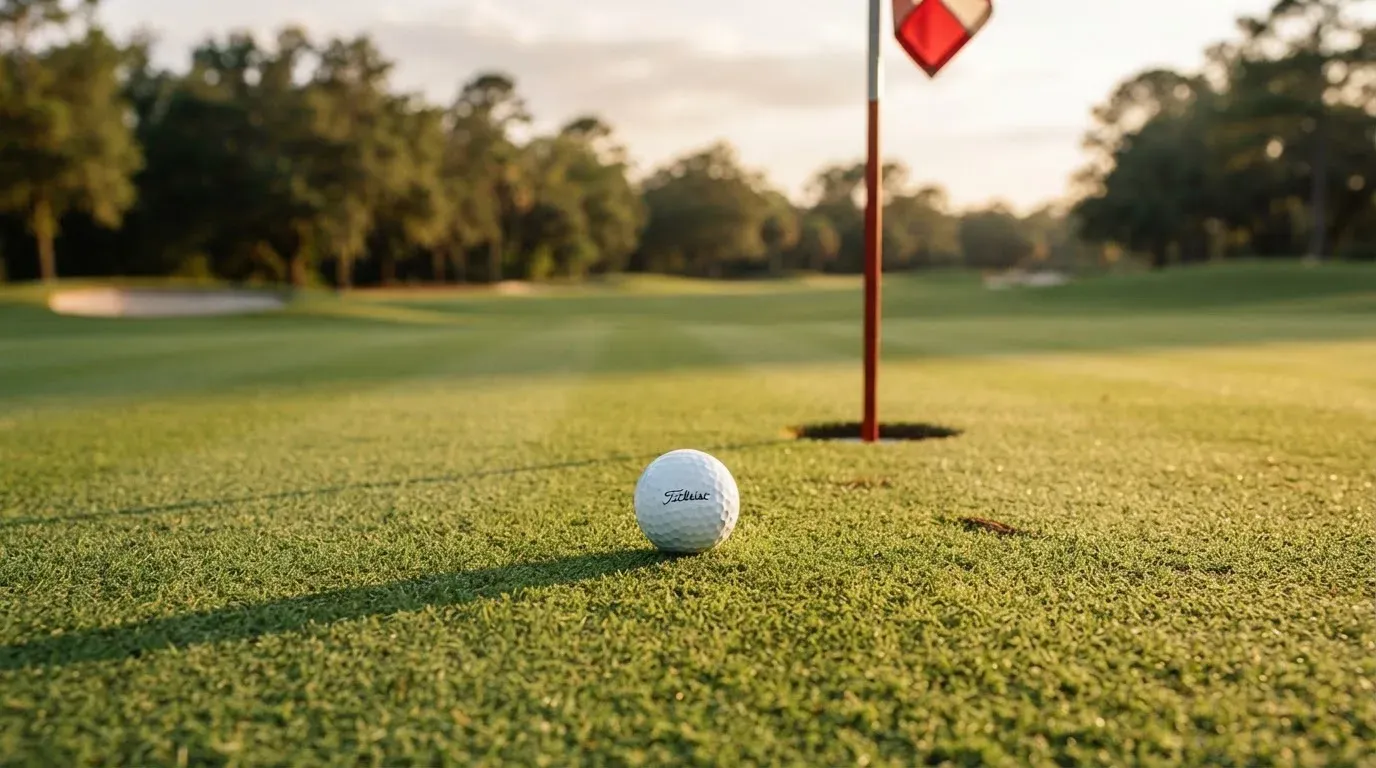 Ein Golfball liegt auf einem gepflegten Grün nahe am Loch, im goldenen Licht der Abendsonne.