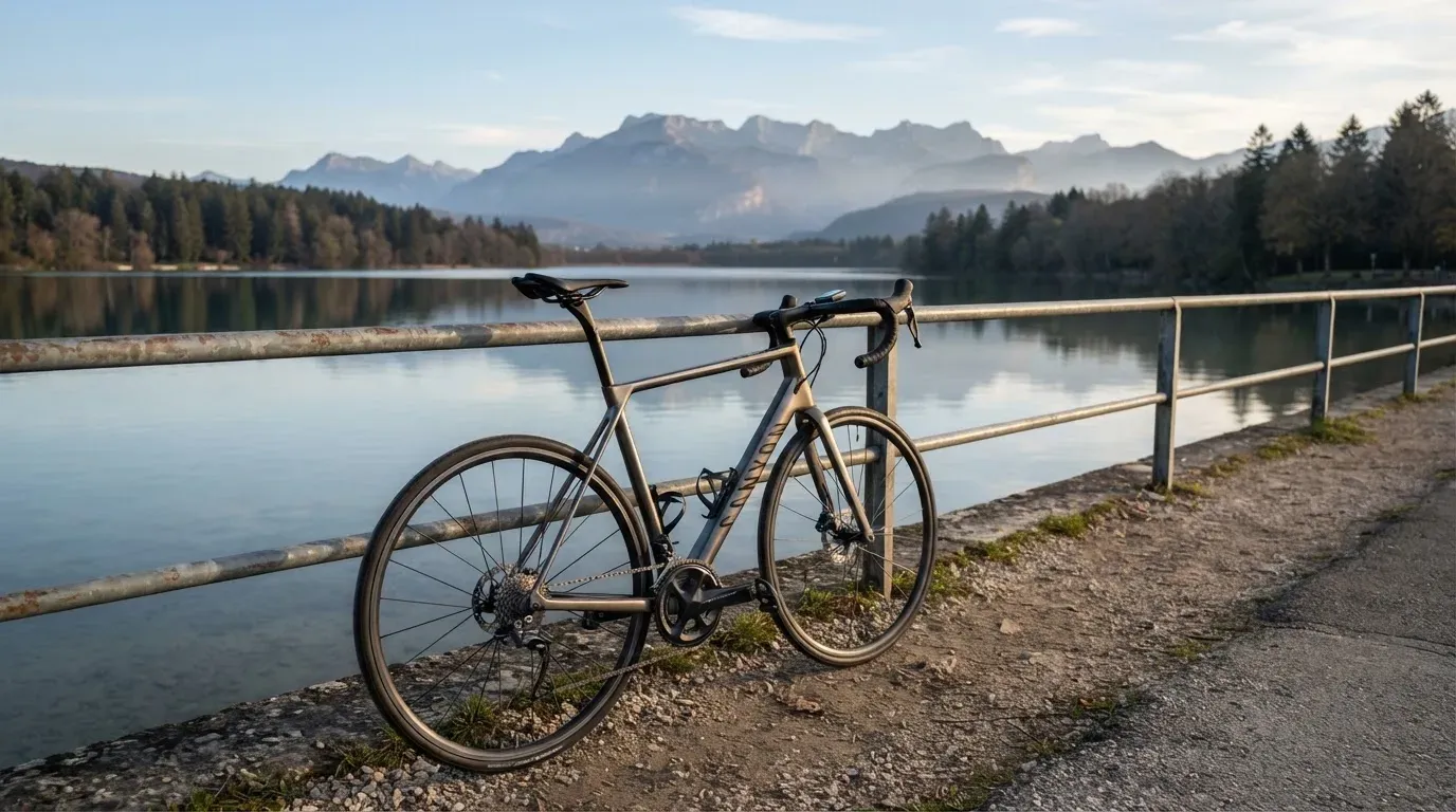 Ein Rennrad lehnt an einem Geländer am Seeufer, dahinter liegt ruhiges Wasser vor einer Bergkette.