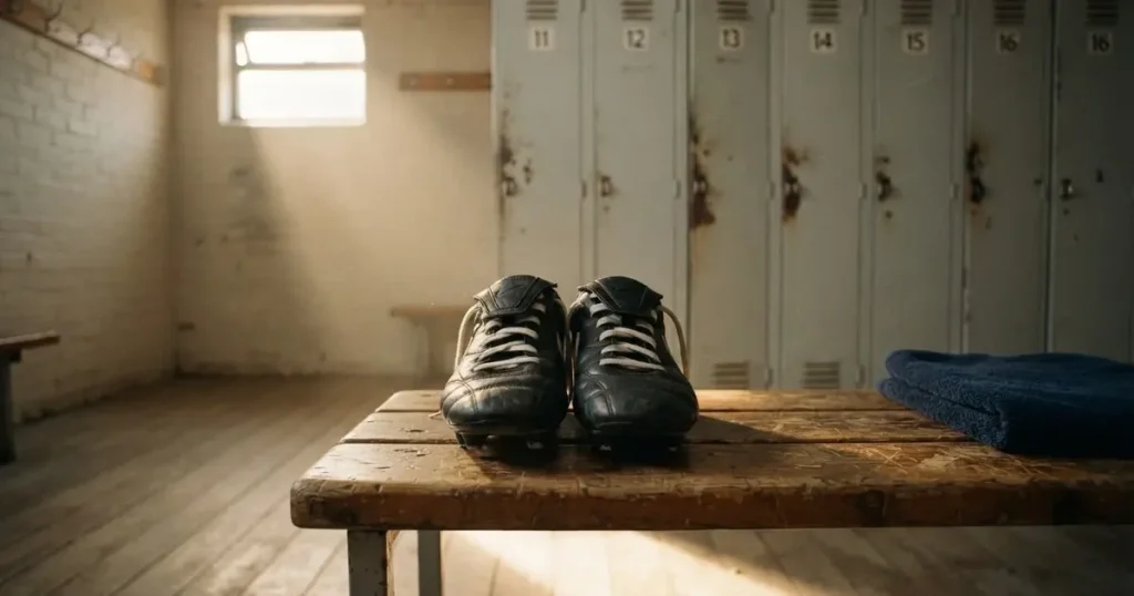 Ein Paar Fussballschuhe steht auf einer Holzbank in einer leeren Umkleide, Morgenlicht fällt durch ein kleines Fenster.