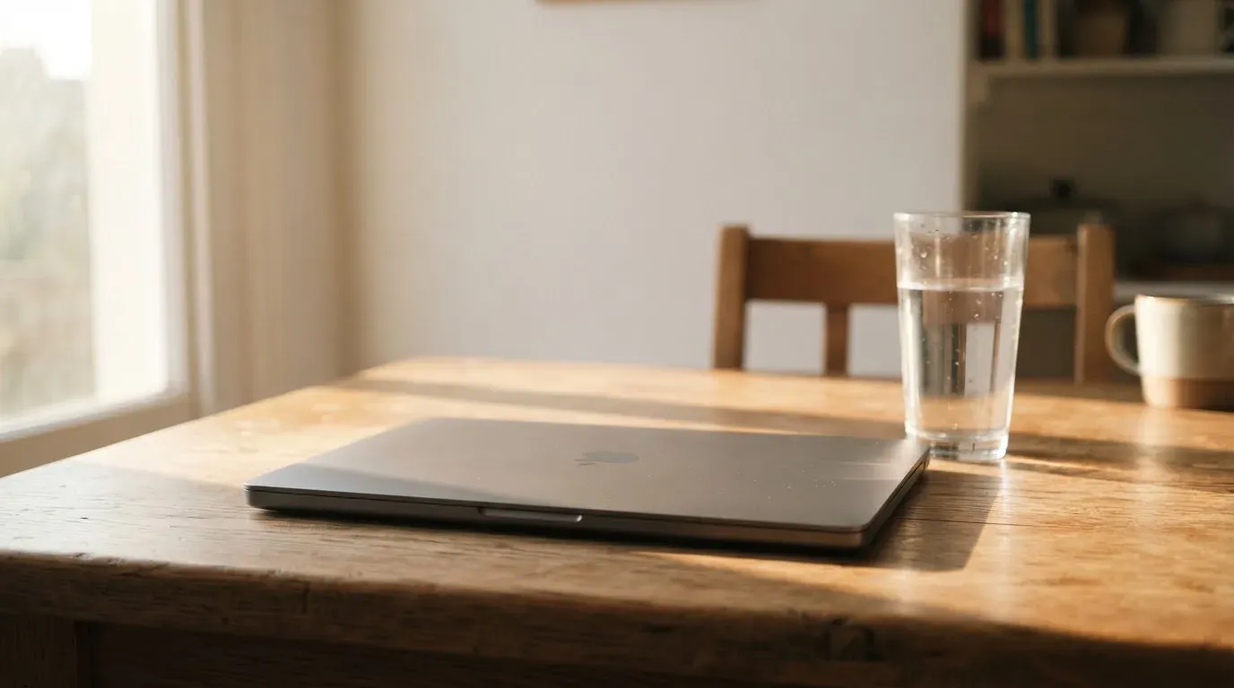 Ein geschlossener Laptop steht neben einem Glas Wasser auf einem Küchentisch im Licht des frühen Morgens.