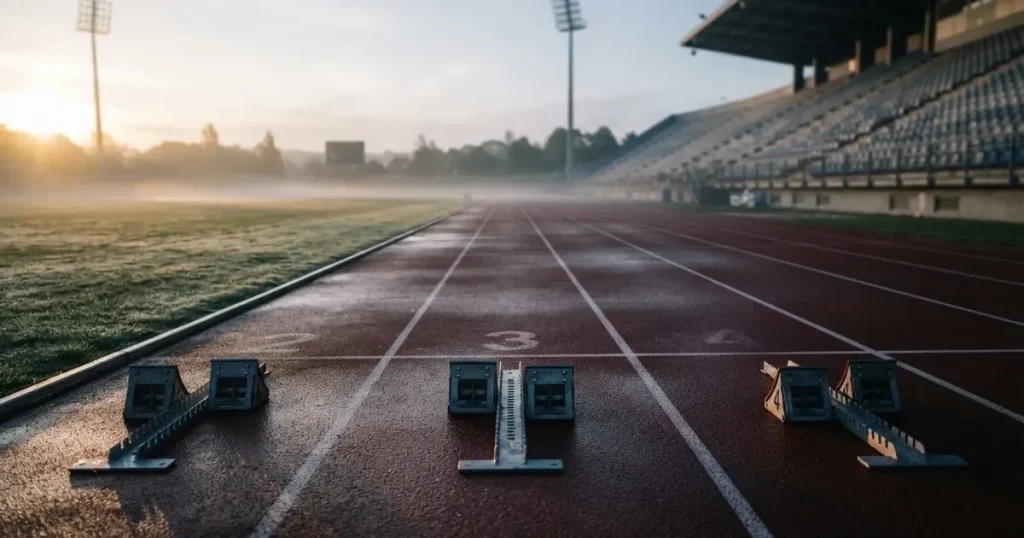 Eine leere Laufbahn mit Startblöcken in einem Stadion am Morgen, die roten Bahnen glänzen vom Tau.
