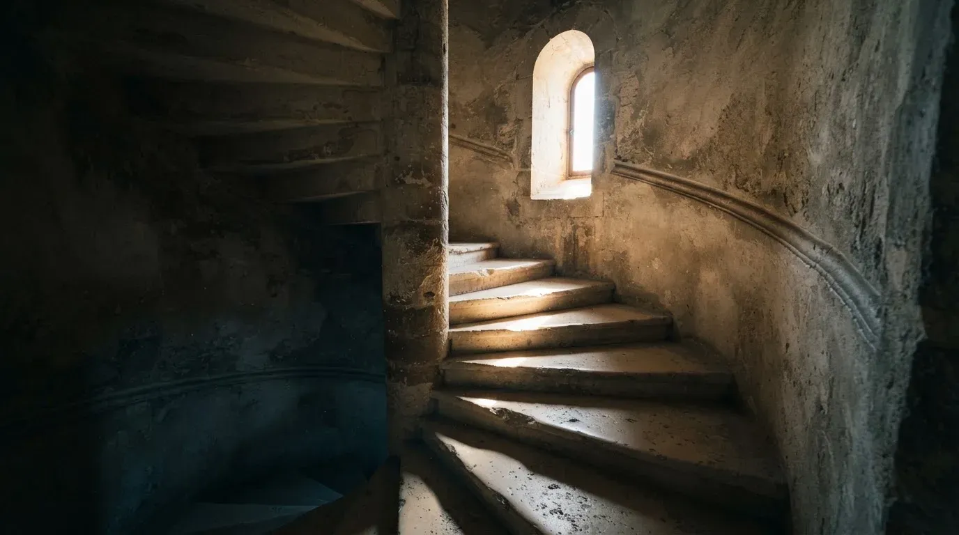 Eine Wendeltreppe aus Stein in einem alten Gebäude, Licht fällt durch ein schmales Fenster auf die Stufen.