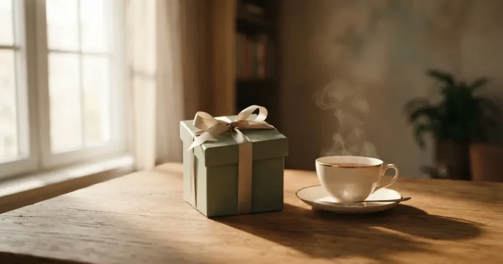 Eine kleine Geschenkschachtel mit Band steht auf einem Holztisch neben einer Tasse Tee im Licht eines Fensters.