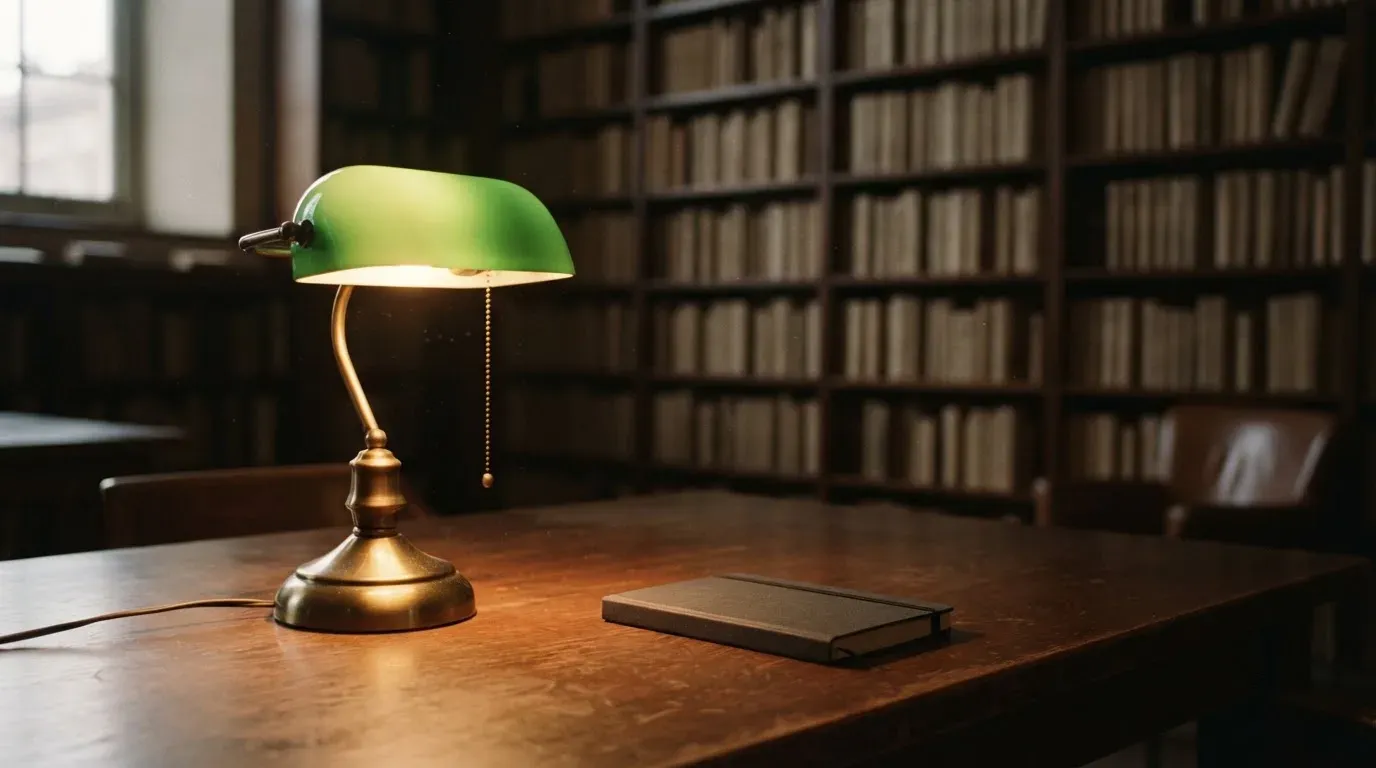 Eine Tischlampe mit grünem Schirm leuchtet auf einem Schreibtisch in einer stillen Bibliothek mit hohen Regalen.