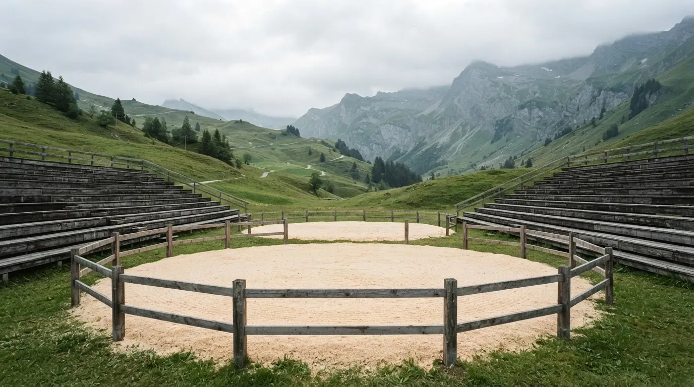 Ein Sägemehlring zwischen Tribünen aus Holz vor Alpenkulisse, ruhig und menschenleer unter bewölktem Himmel.
