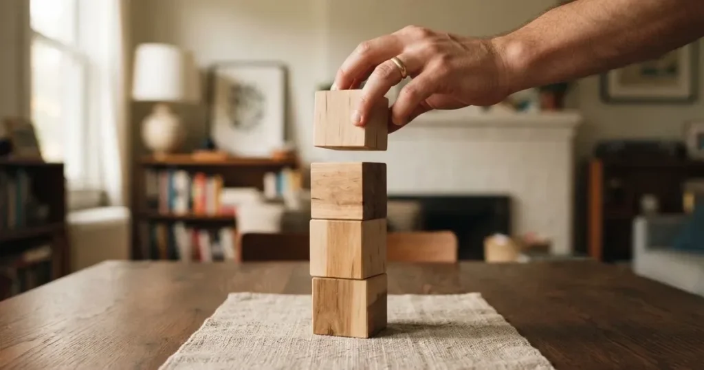 Ein Turm aus vier Holzklötzen steht auf einem Tisch, der oberste Klotz wird gerade vorsichtig aufgesetzt.