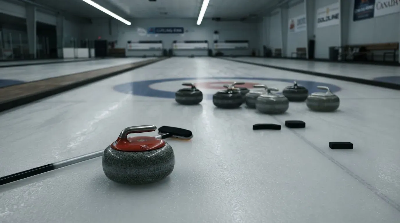 Mehrere Curlingsteine liegen auf einer glatten Eisfläche in einer leeren Halle, Deckenlicht spiegelt sich im Eis.