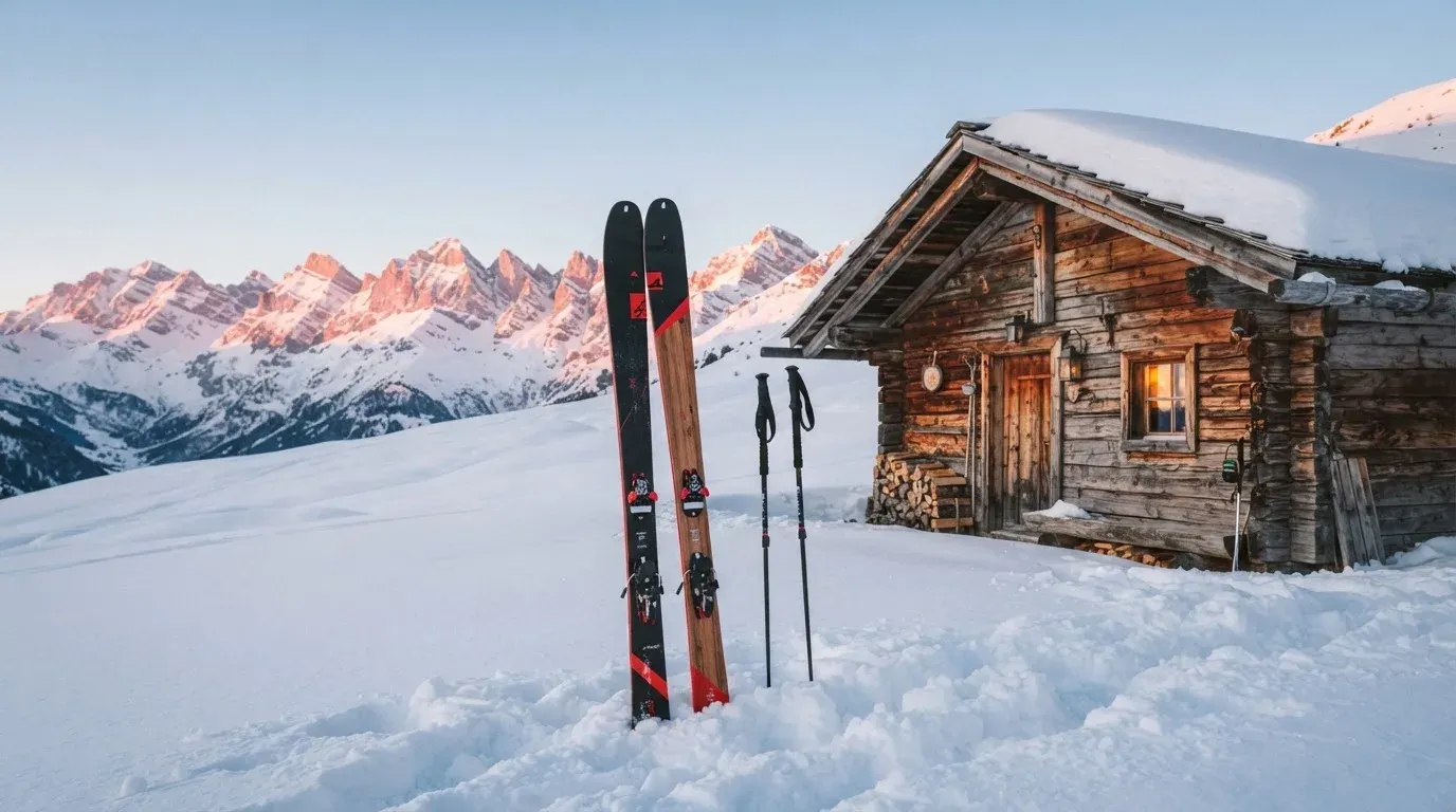 Ein Paar Ski steckt aufrecht im Schnee vor einer Berghütte, im Hintergrund färbt der Sonnenaufgang die Gipfel.