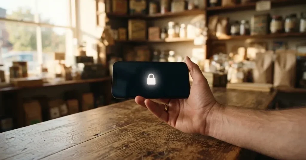 Eine Hand hält ein Smartphone mit dunklem Display knapp über eine hölzerne Ladentheke in einem kleinen Geschäft.