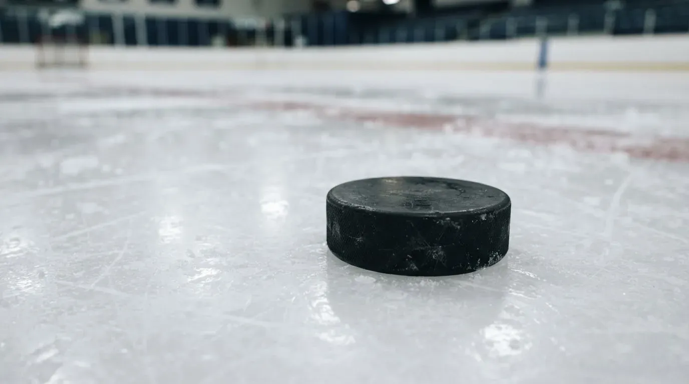 Ein Eishockeypuck liegt in Grossaufnahme auf der Eisfläche, feine Kratzer im Eis glänzen im hellen Hallenlicht.