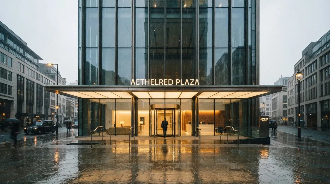 Eine Fassade aus Glas und Stahl am Eingang eines Bürogebäudes im Regen, auf dem nassen Boden spiegelt sich das Licht.
