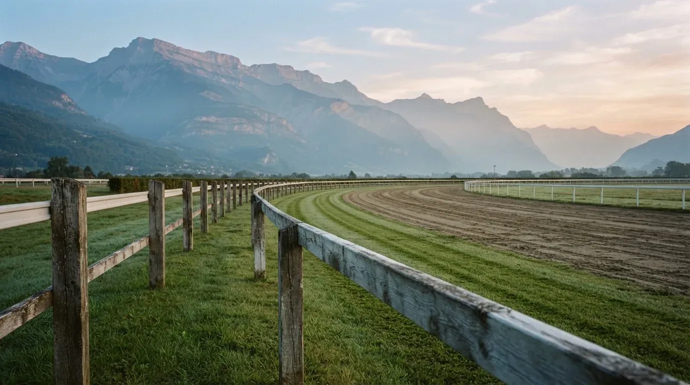 Eine leere Pferderennbahn mit gepflegter Zielgeraden und Holzzaun, im Hintergrund stehen Berge im Dunst.