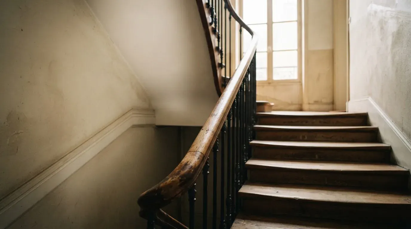 Ein Holzgeländer an einer Treppe in einem Altbau, durch ein Fenster fällt Licht auf die abgetretenen Stufen.